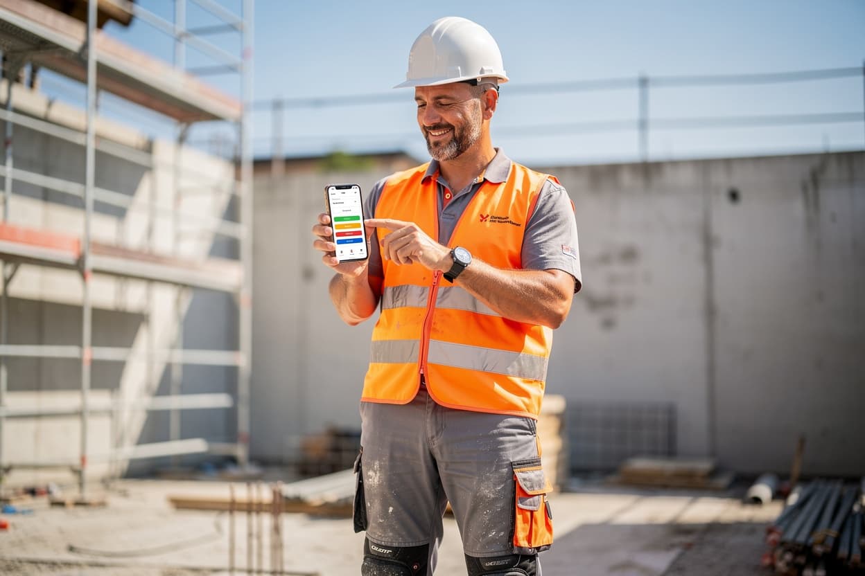 Handwerker beim Aufmaß auf der Baustelle